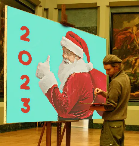Juokingas naujų 2023 metų atvirukas su kalėdų seneliu