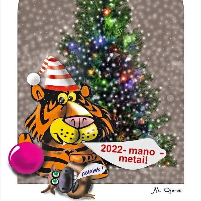 Linksmas atvirukas su Kalėdomis ir Naujais tigro metais